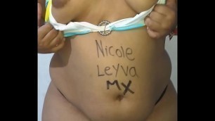 Chubby Mexican posing for some photos and her boyfriend masturbates and comes on her feet&comma; shows tits for the photos and in the video