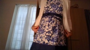Crossdresser in a cute secretary blue flower dress and sexy blazer teasing