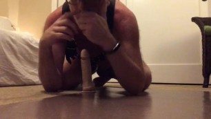 Riding Dildo in harness sniffing poppers