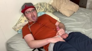 Tongue out jerking, makes for a nice target ;) Collared, leashed & cumming!