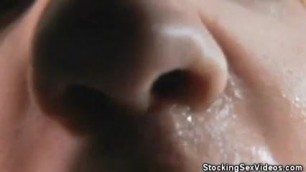 Stockinged Honey Fucked And Gets A Mouthful Of Cum