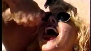 Fucking all of this blonde slut's holes by the pool and giving her a facial