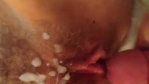 Fuck and cum on mature wife hairy pussy